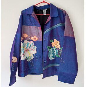 90s vintage blue shiny floral embroidered patchwork light silk button up jacket